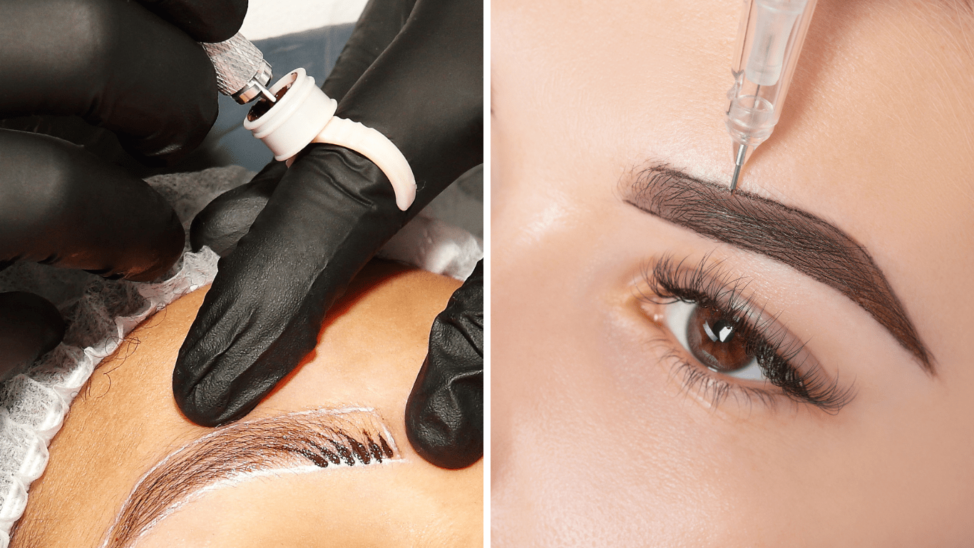 A close-up of a technician performing microblading on a client's eyebrow, showing the fine blade used to create hair-like strokes."